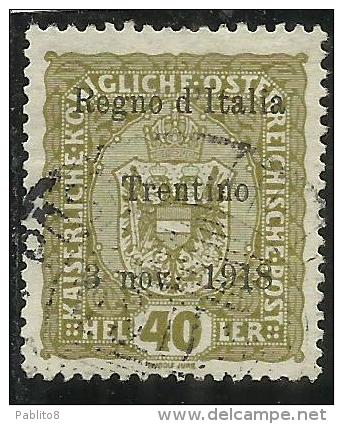 TRENTINO ALTO ADIGE 1918 SOPRASTAMPATO AUSTRIA HELLER  40 H USATO USED OBLITERE´ - Trento