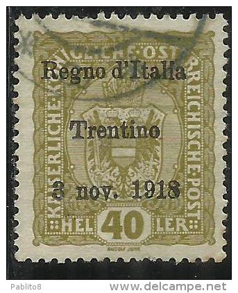 TRENTINO ALTO ADIGE 1918 SOPRASTAMPATO AUSTRIA HELLER  40 H USATO USED OBLITERE´ - Trentino