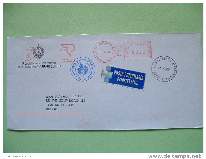 San Marino 2006 Registered Official Cover To Belgium - Foreign Dept. - Machine Franking - Priority Mail Label - Brieven En Documenten