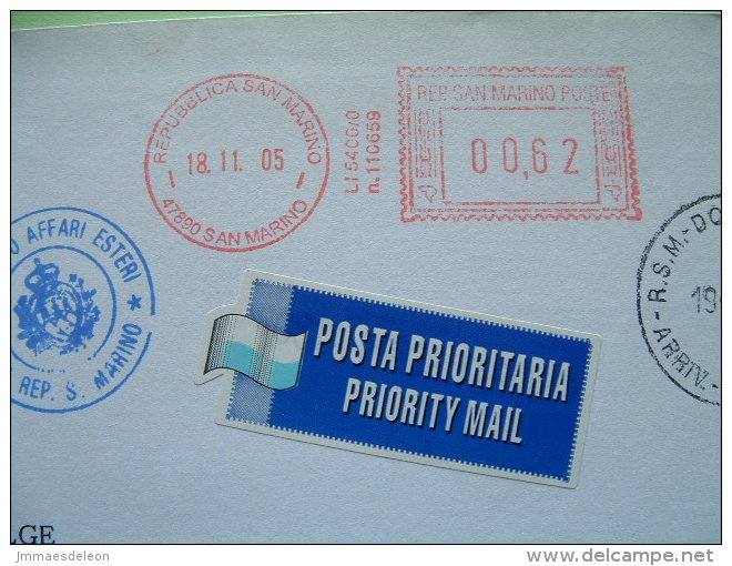 San Marino 2006 Registered Official Cover To Belgium - Foreign Dept. - Machine Franking - Priority Mail Label - Brieven En Documenten