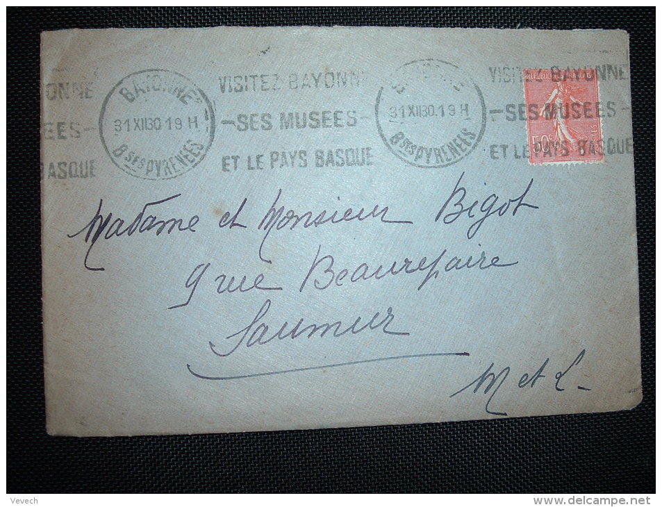 LETTRE TP SEMEUSE 50C OBL.MEC.31 XII 30 BAYONNE (64) + VIGNETTE CONTRE LA TUBERCULOSE 1930 BASSES-PYRENEES - Covers & Documents