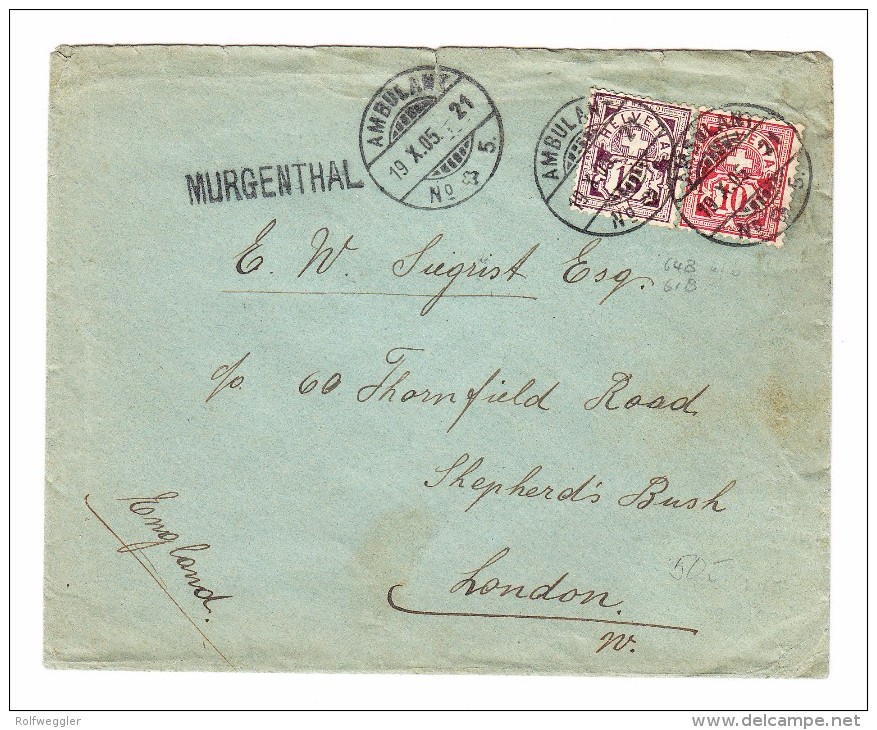 Schweiz Heimat AG MURGENTHAL Balkenstempel Brief 19.10.1905 Ambulant #5 Nach London - Lettres & Documents