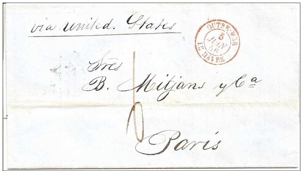 LAC LA HAVANE A  PARIS PAR LE HAVRE DU 29/03/1856 - CACHET ROUGE "OUTREMER LE HAVRE " - 1849-1876: Classic Period