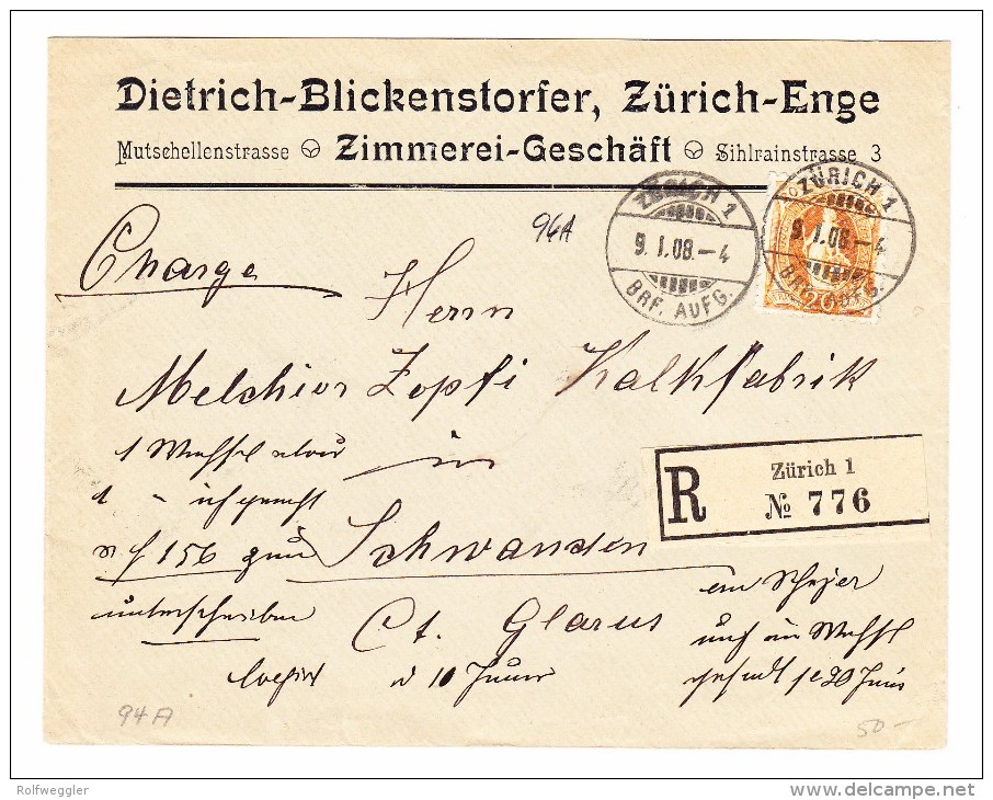 Schweiz 9.1.1908 Zürich R-Brief Nach Schwanden - Storia Postale