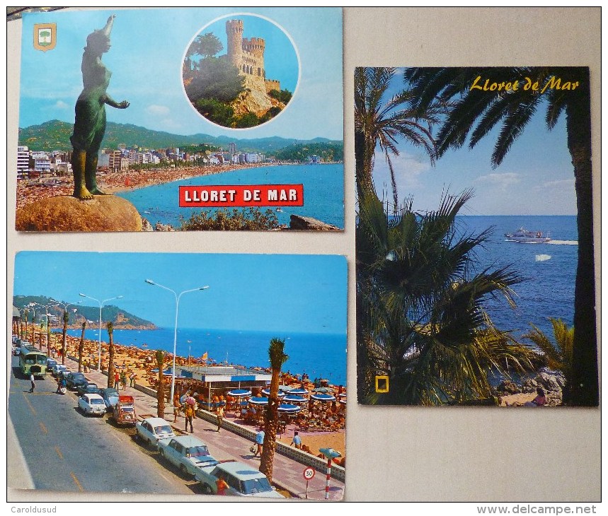 CP LOT 3X COSTA BRAVA LLORET DE MAR PLATJA CALA BANYS VOITURE FIAT SIMCA RENAULT ETC - Verzamelingen & Kavels