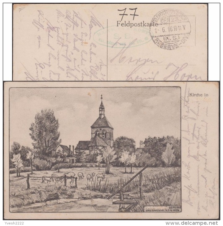 Allemagne 1916. Carte De Franchise Militaire. Localité Censurée, Vraisemblablement Bétheniville Marne. Moutons Et église - Agriculture