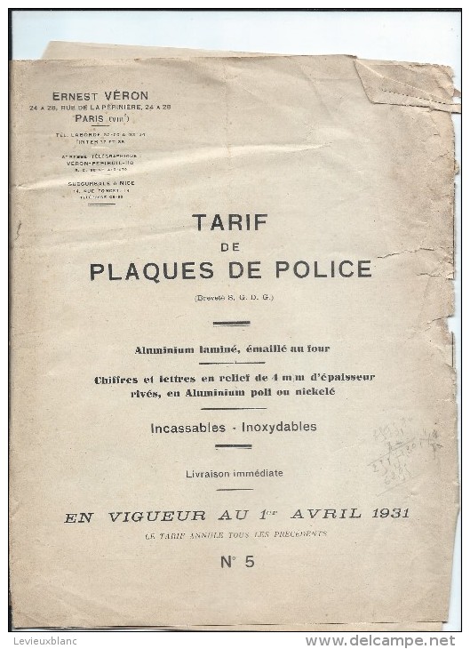 Catalogue/Tarif/Plaques De Police / Automobile/Paris/ 1931   CAT86 - Automobile