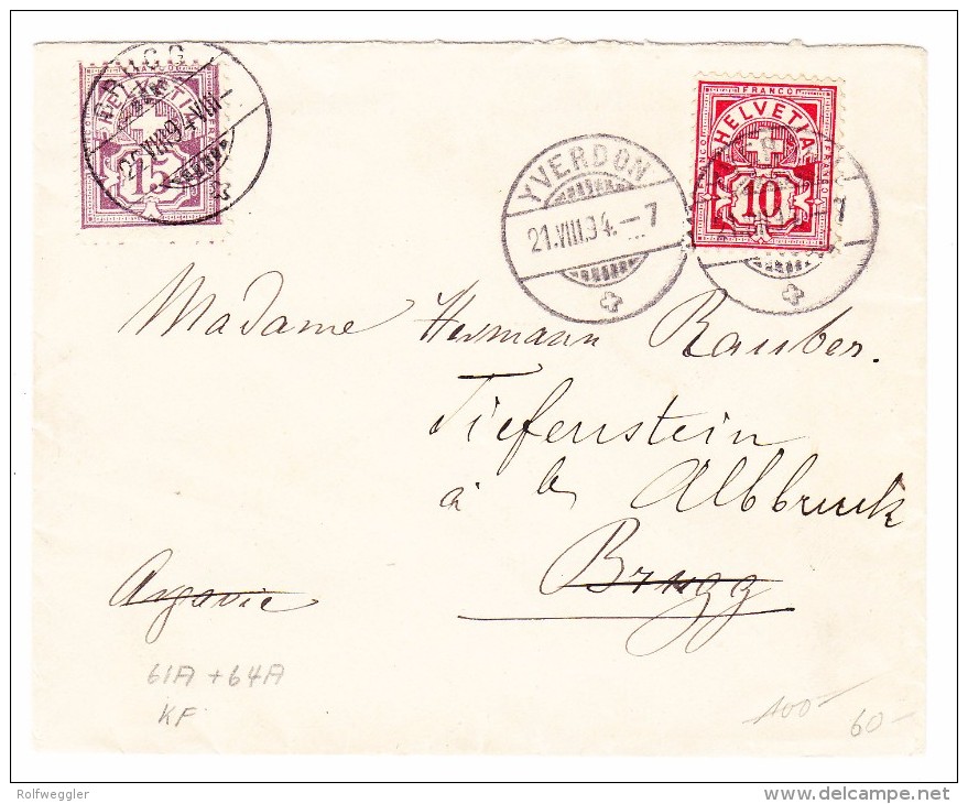 Schweiz Brief  21.8.1894 Yverdon Nach Brugg Weiter Tiefenstein - Storia Postale