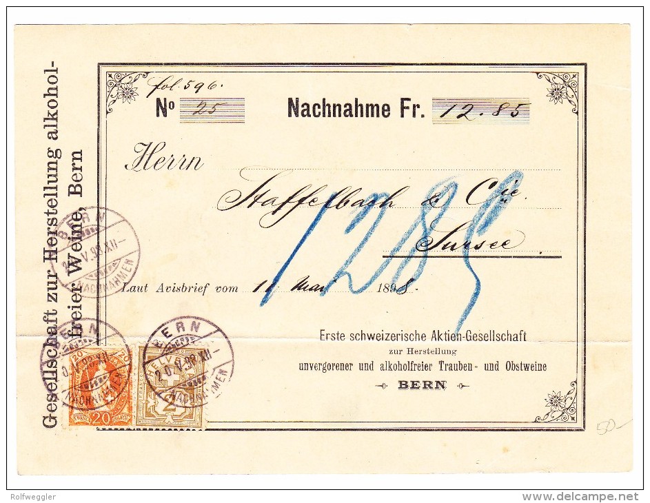 Schweiz 20.5.1898 Bern Auf Nachnahme Ges. Zur Herstellung Alkoholfreie Weine Nach Sursee - Storia Postale