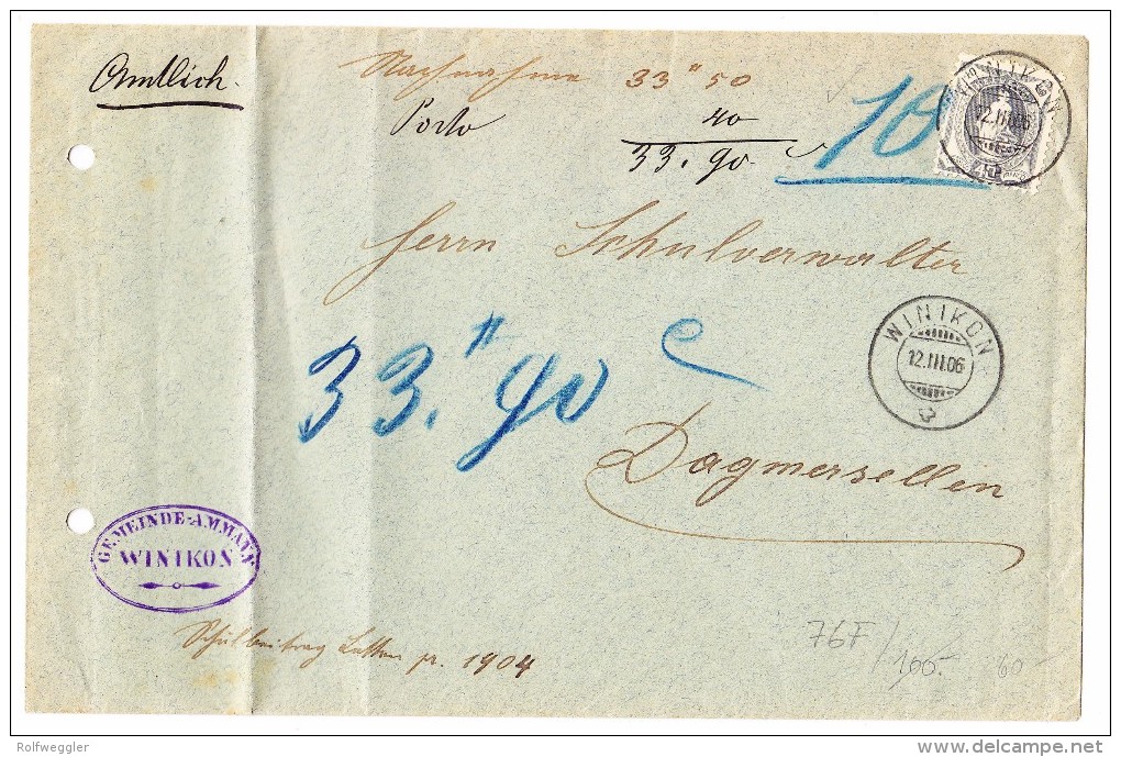 Schweiz Amtlich Brief 12.3.1906 Winikon Nach Dagmersellen Mit 40Rp. Stehende  Zu.#76F - Storia Postale