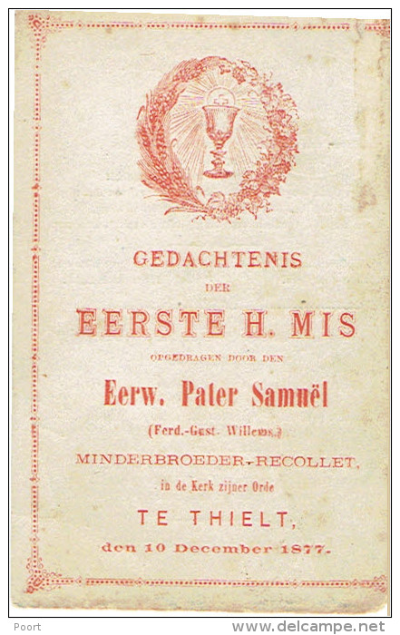 TIELT - Eerste H.MIS Eerw. Pater SAMUËL (Willems F.) - Minderbroeder-Recollet - 1877 - Images Religieuses