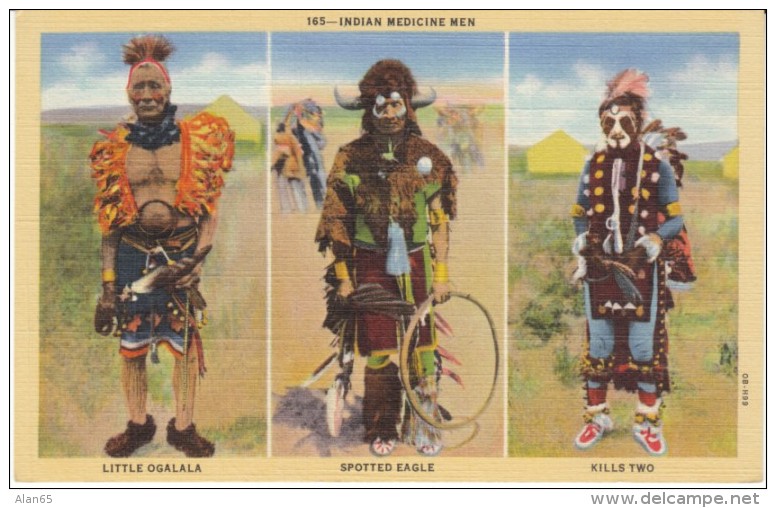 Indian Medicine Men, Little Ogalala, Spotted Eagle, Kills Two, Shaman Native Americans C1940 Vintage Linen Postcard - Native Americans