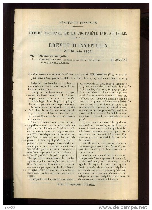 - SONDE   . BREVET D´INVENTION DE 1902 . - Techniek & Instrumenten