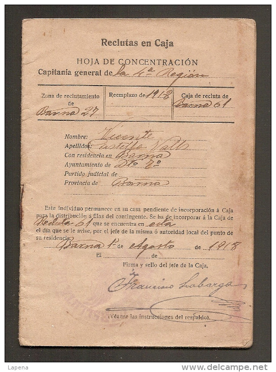 España Hoja De Concentración Reclutas En Caja 1918 - Documentos