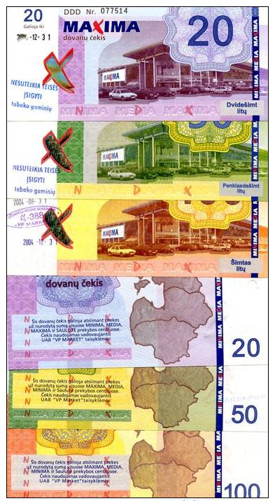 LITHUANIA Set 20-50-100 Litu Shopping Certificates (validity 2003-2004) **AU-UNC** (cancelation Puch Hole As On Image) - Autres & Non Classés