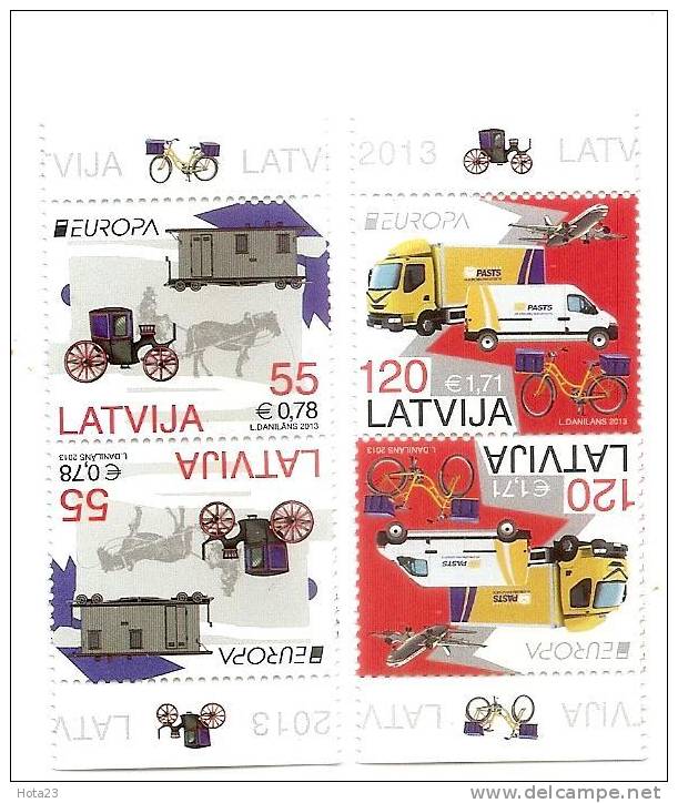 Latvia 2013 EUROPA CEPT Mail, Post Transport Old Car , Horse,railroad, Bicycle  MNH Payr Tet A Tet - 2013
