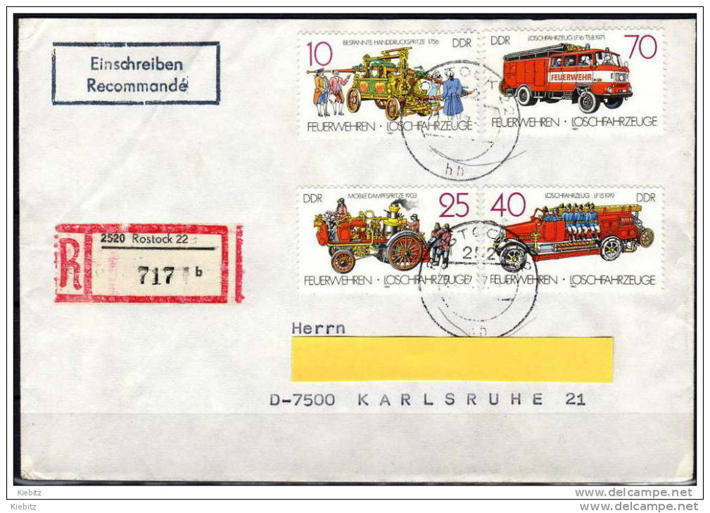 DDR 1987 - Feuerwehr,  Fire Brigade - Reko Brief Rostock Nach Karlsruhe - Feuerwehr