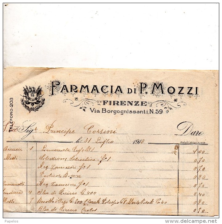 1912 FIRENZE-FARMACIA DI P. MOZZI - Italia