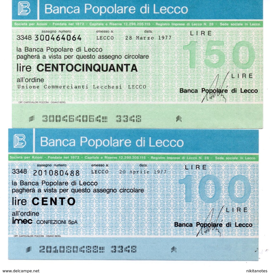 Italia ITALY 100 Lire 150 Lire  1977 BANCA POPOLARE DI LECCO - [10] Assegni E Miniassegni