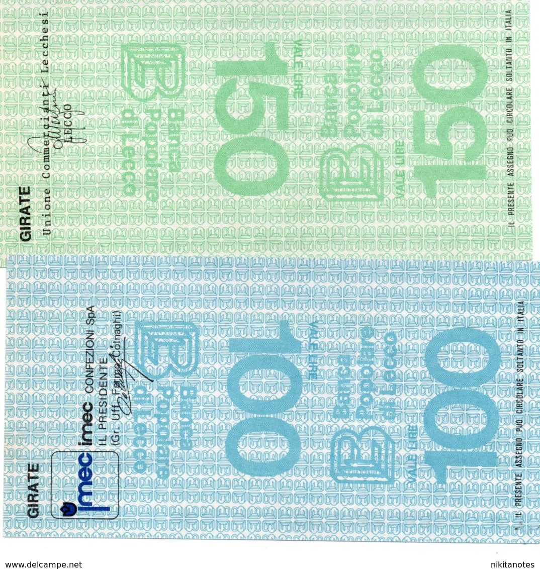 Italia ITALY 100 Lire 150 Lire  1977 BANCA POPOLARE DI LECCO - [10] Cheques Y Mini-cheques