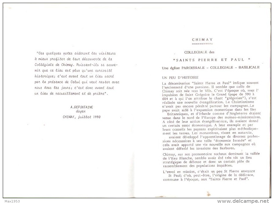 Collégiale Des Saints Pierre Et Paul CHIMAY - Abbé Defontaine - 1990 -  Notes De Visite - - Dépliants Turistici