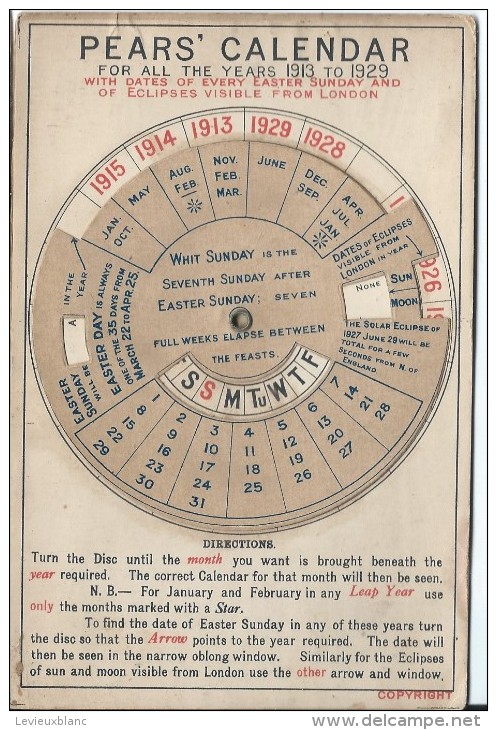 Calendrier à Disque Central/Pour Quinze Années/ Anglais / Londres/Eclipses/1913-1929    CAL211 - Small : 1901-20