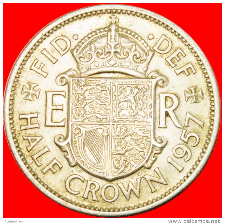 * COAT OF ARMS (1954-1970): GREAT BRITAIN HALF CROWN 1957! ELIZABETH II (1953-2022) LOW START NO RESERVE! - K. 1/2 Crown