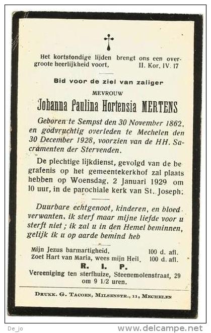 MERTENS Johanna Paulina °1862 Sempst Zemst +1928 Mechelen Doodsprentje Image Mortuaire Funeral Card - Religion & Esotérisme