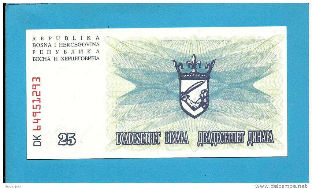 BOSNIA &amp; HERZEGOVINA - 25 DINARA - 1992 - Pick 11 - UNC. -  Prefix DK - Narodna Banka Bosne I Hercegovine - Bosnia Erzegovina