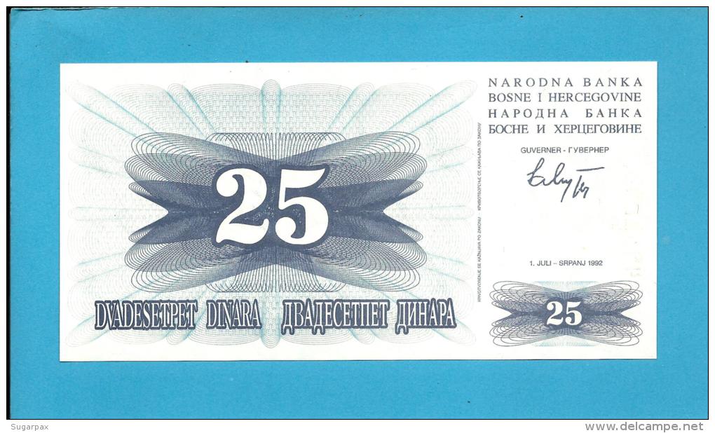 BOSNIA &amp; HERZEGOVINA - 25 DINARA - 1992 - Pick 11 - UNC. -  Prefix DK - Narodna Banka Bosne I Hercegovine - Bosnia Erzegovina