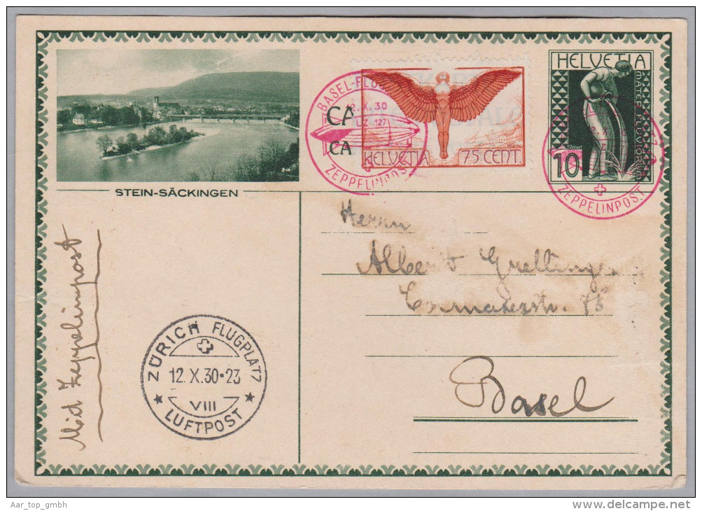 Schweiz Flugpost 1930-10-12 Basel Flugpost Zeppelinpost Rot Auf Bildpostkarte Stein-Säckingen - Primi Voli