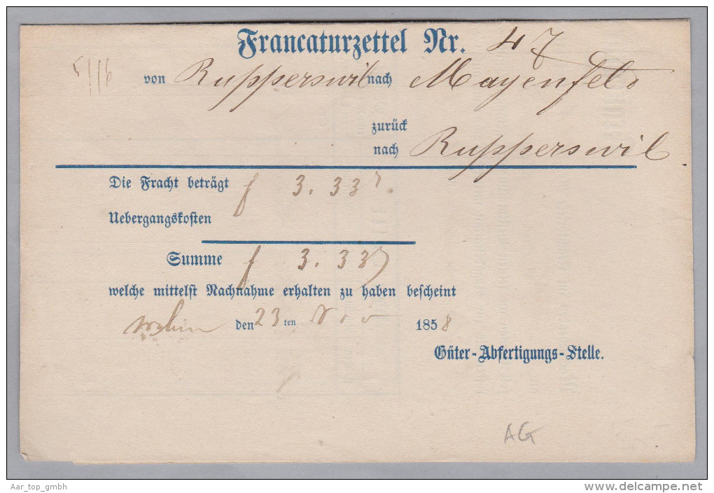 Heimat AG RUPPERSWYL Frankatur Zettel 1858-11-23 Nach Mayenfels - ...-1845 Prephilately