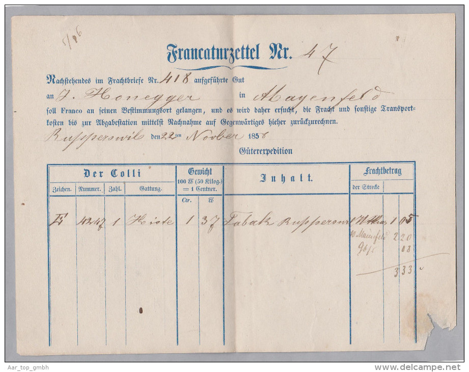 Heimat AG RUPPERSWYL Frankatur Zettel 1858-11-23 Nach Mayenfels - ...-1845 Prephilately