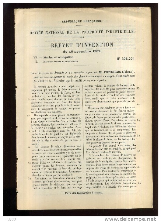- SYSTEME DE NAVIGATION FLUVIALE . BREVET D´INVENTION DE 1902 . - Technique Nautique & Instruments