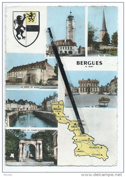 CPM - Bergues - Le Beffroi - La Porte De Bierne - La Colme - Porte Du Champ De Mars - L'Hôtel De Ville - Bergues