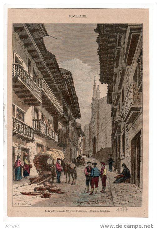 FUENTARRABIA . LA GRANDE RUE ( CALLE MAJOR ) DE FONTARABIE . DESSIN DE GRANDSIRE . PAYS BASQUE - Réf. N°303F - - Estampes & Gravures