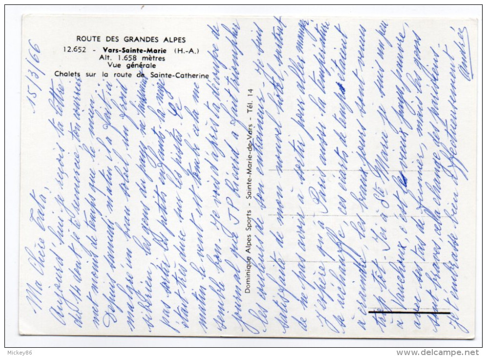 VARS SAINTE MARIE-1966-Vue Générale-Chalets,route De Ste Catherine,cpsm 15 X 10  N°12652  éd Dominique  Alpes Sports - Autres & Non Classés