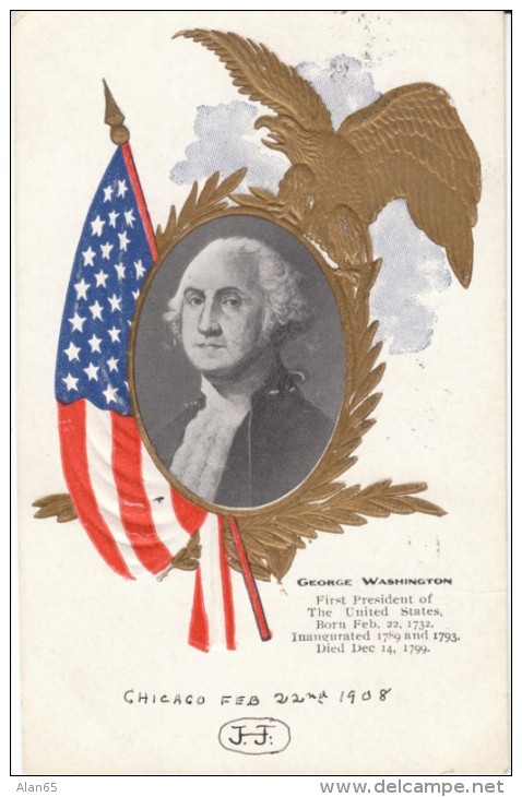 US President George Washington, US Flag, Eagle Emblem, C1900s Vintage Embossed Postcard - Präsidenten