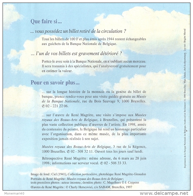 DEPLIANT édité pour l´émission du BILLET DE 500 francs belges (Centenaire de René MAGRITTE)