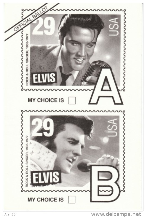 Elvis Presley Stamp Voting Ballot Old Vs. Young Elvis For Stamp Design, C1990s Vintage Postcard - Stamps (pictures)