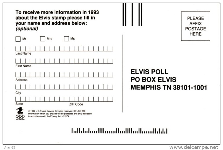 Elvis Presley Stamp Voting Ballot Old Vs. Young Elvis For Stamp Design, C1990s Vintage Postcard - Stamps (pictures)