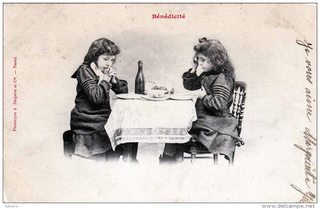Mädchen Und Bub Beim Tischgebet - Sehr Hübsche Alte Karte - Stempel Trossey > Macon/Saone Et Loire - Scènes & Paysages