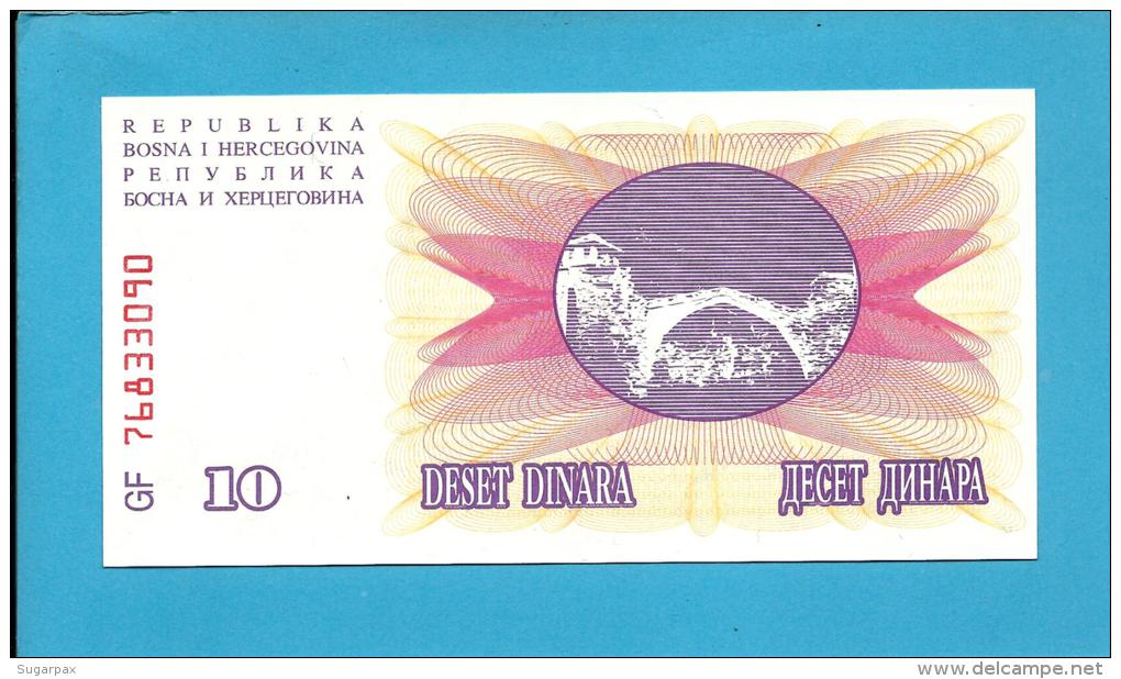 BOSNIA &amp; HERZEGOVINA - 10 DINARA - 1992 - Pick 10 - UNC. -  Prefix GF - Narodna Banka Bosne I Hercegovine - Bosnia Y Herzegovina