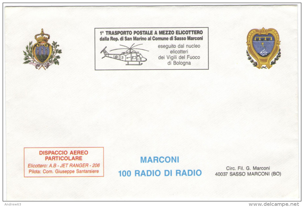 REP. DI SAN MARINO - 1995 - MARCONI, 100 Anni Di Radio - 1° Trasporto Postale A Mezzo Elicottero Dalla Rep. Di San Ma... - Elicotteri