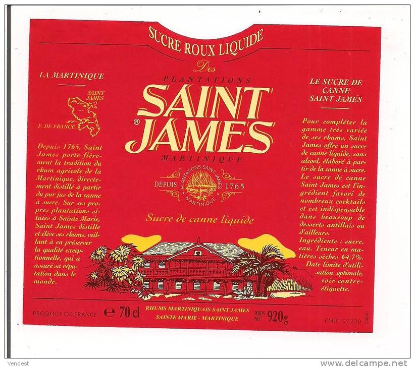 Etiquette  Sucre De Canne Liquide SAINT JAMES  -  - 70cl - -  920g. -    MARTINIQUE - - Rhum