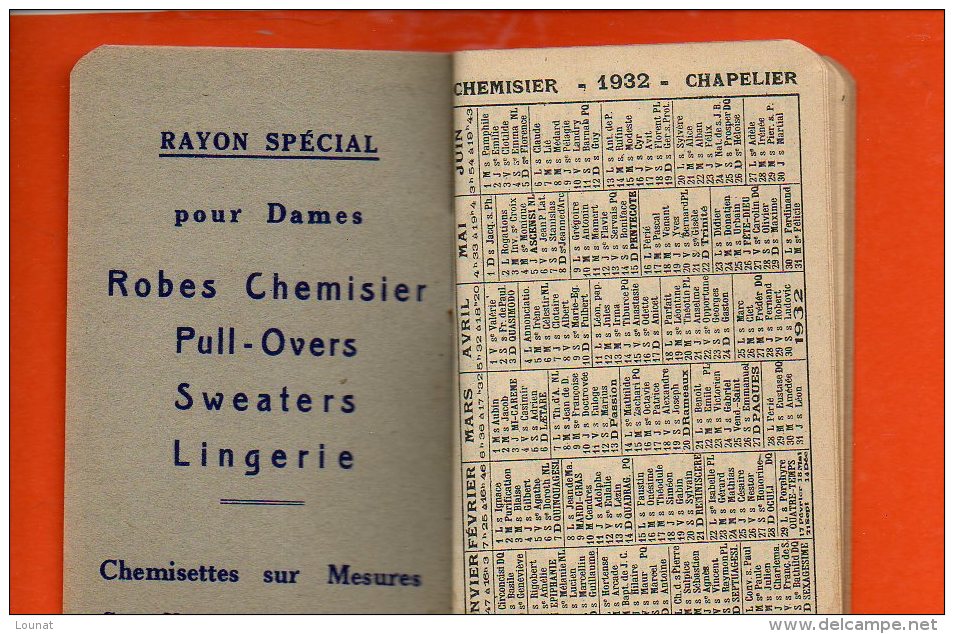 Calendrier - Année 1932 - Publicité ADRIEN - Paris 1er , Rue De Rohan - Dimensions 10.5 X 6.6 Cm - Petit Format : 1921-40