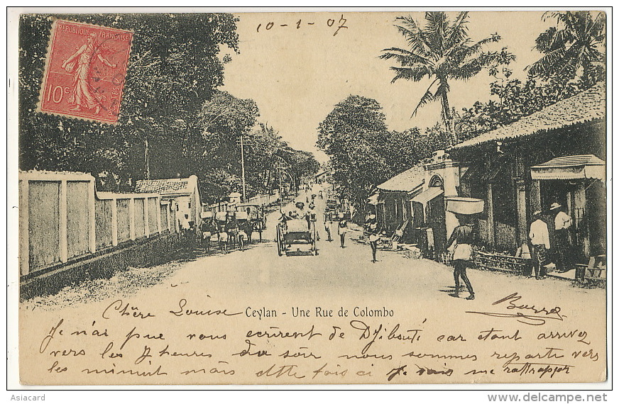 Ceylan Une Rue De Colombo Ligne Paquebot Ship Postmark Sur Semeuse Lignée - Sri Lanka (Ceylon)