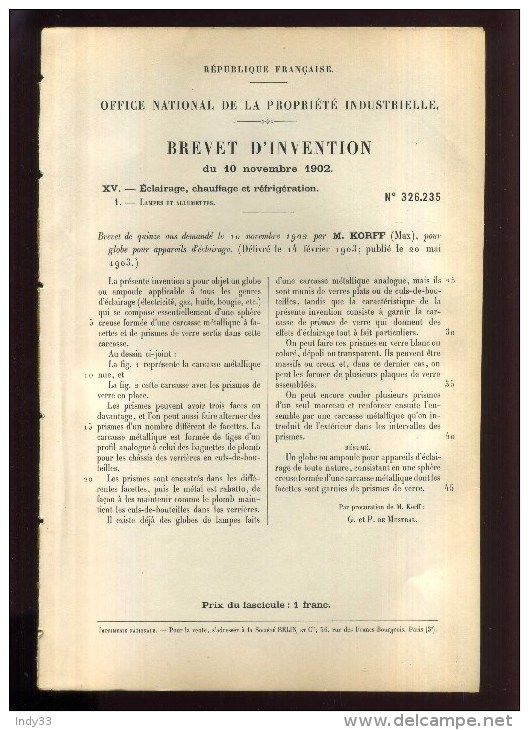 - APPAREILS D'ECLAIRAGE . BREVET D´INVENTION DE 1902 . - Autres & Non Classés