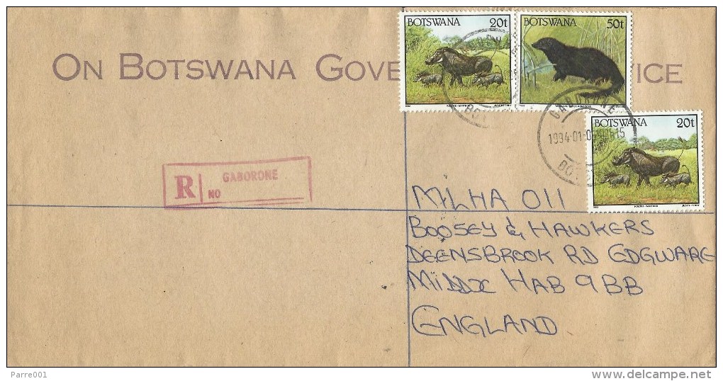 Botswana 1994 Gaborone Warthog Mongoose Official Barcoded Registered Cover - Botswana (1966-...)