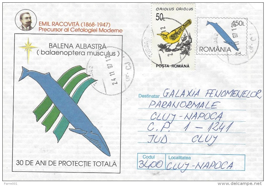 Rumania 1997 Turda Blue Whale Balaenoptera Musculus Bird Postal Stationary Cover - Baleines